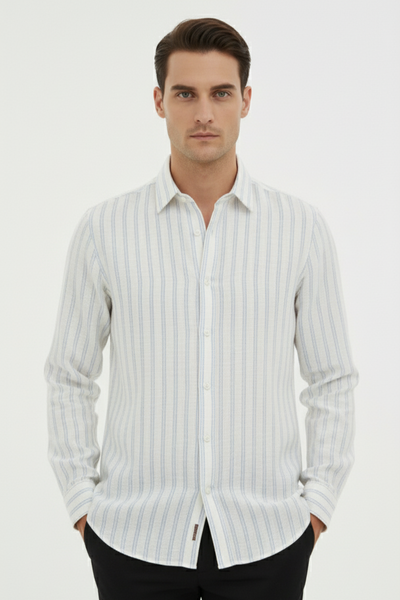 Men's White Pure Linen Shirt with Stripes
