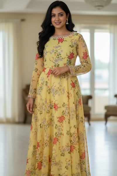 Full Sleeves Yellow Floral Georgette Gown | Party & Haldi Wear