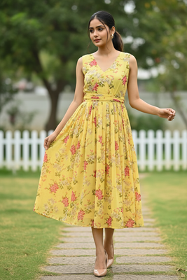 Floral Printed Yellow Midi Dress