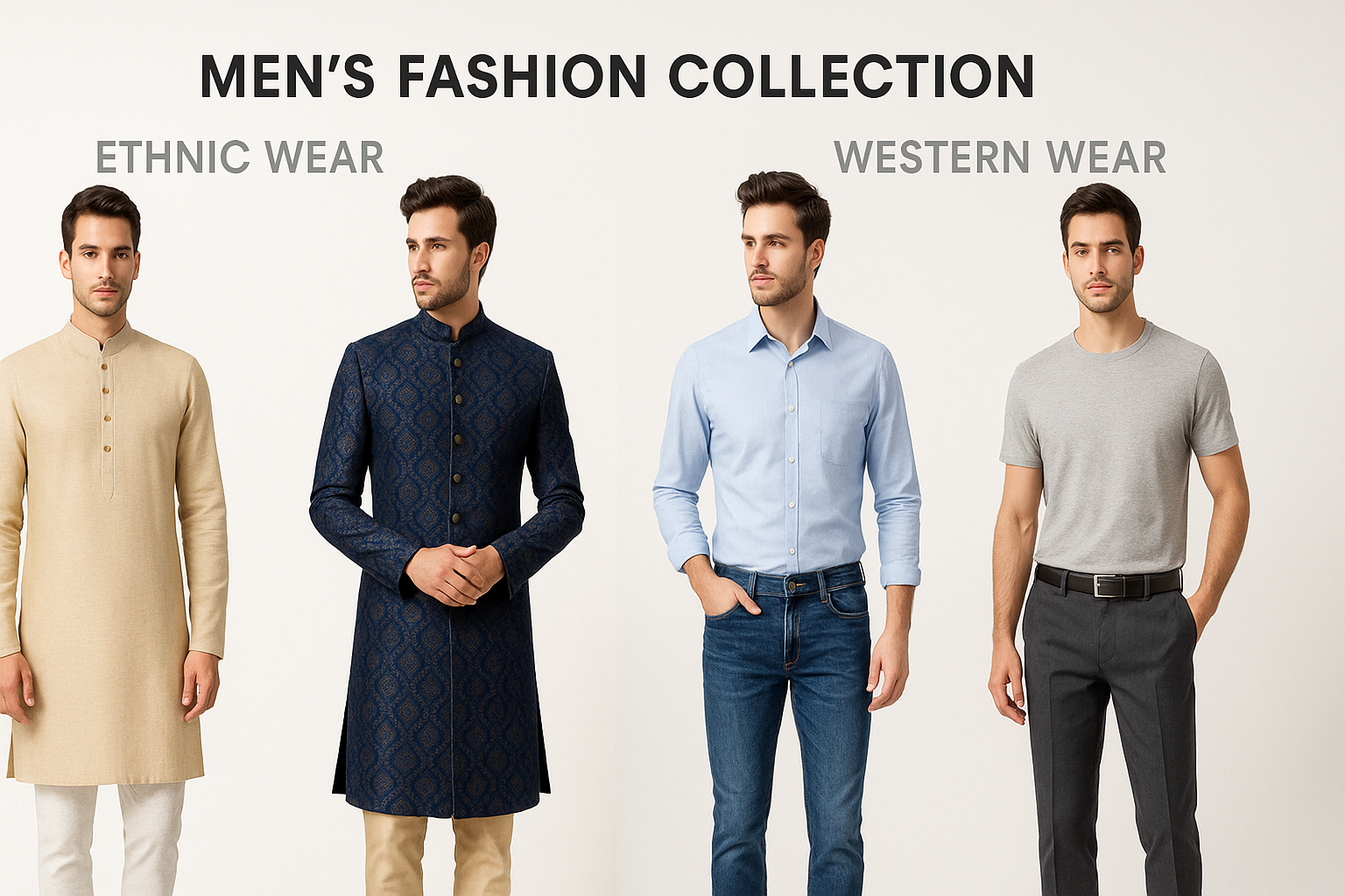 gerate a image for banner which shoe men all collection ethnic western both in bpttom and top wear both