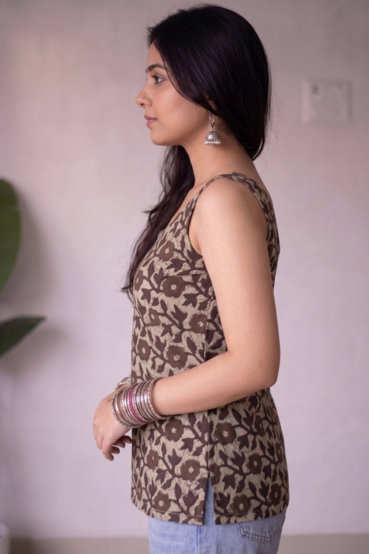 Brown Floral Cotton Sleeveless Short Kurti