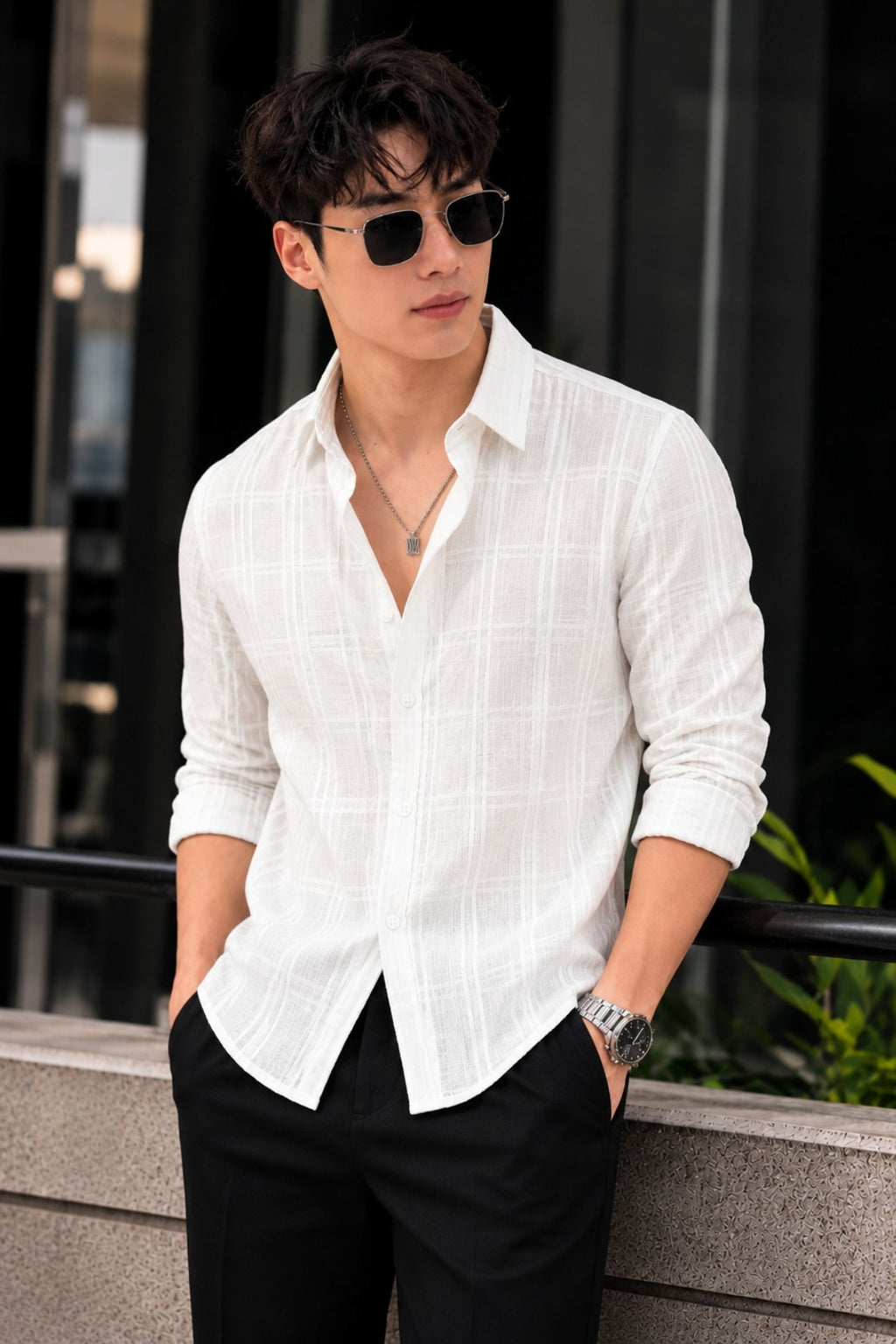 Men's White Cotton Check Shirt