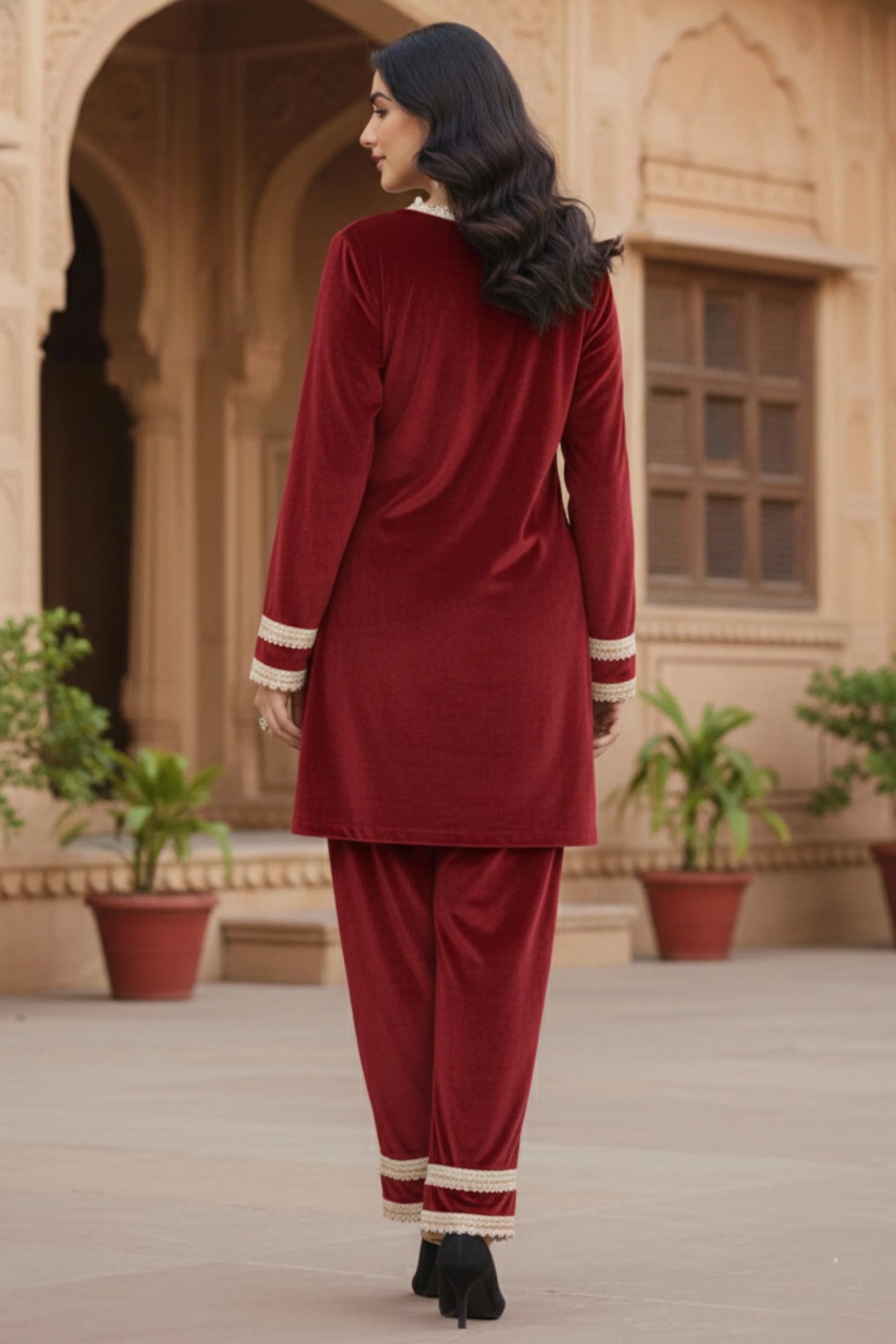 Women’s Velvet Kurta Palazzo Set with Lace Detailing