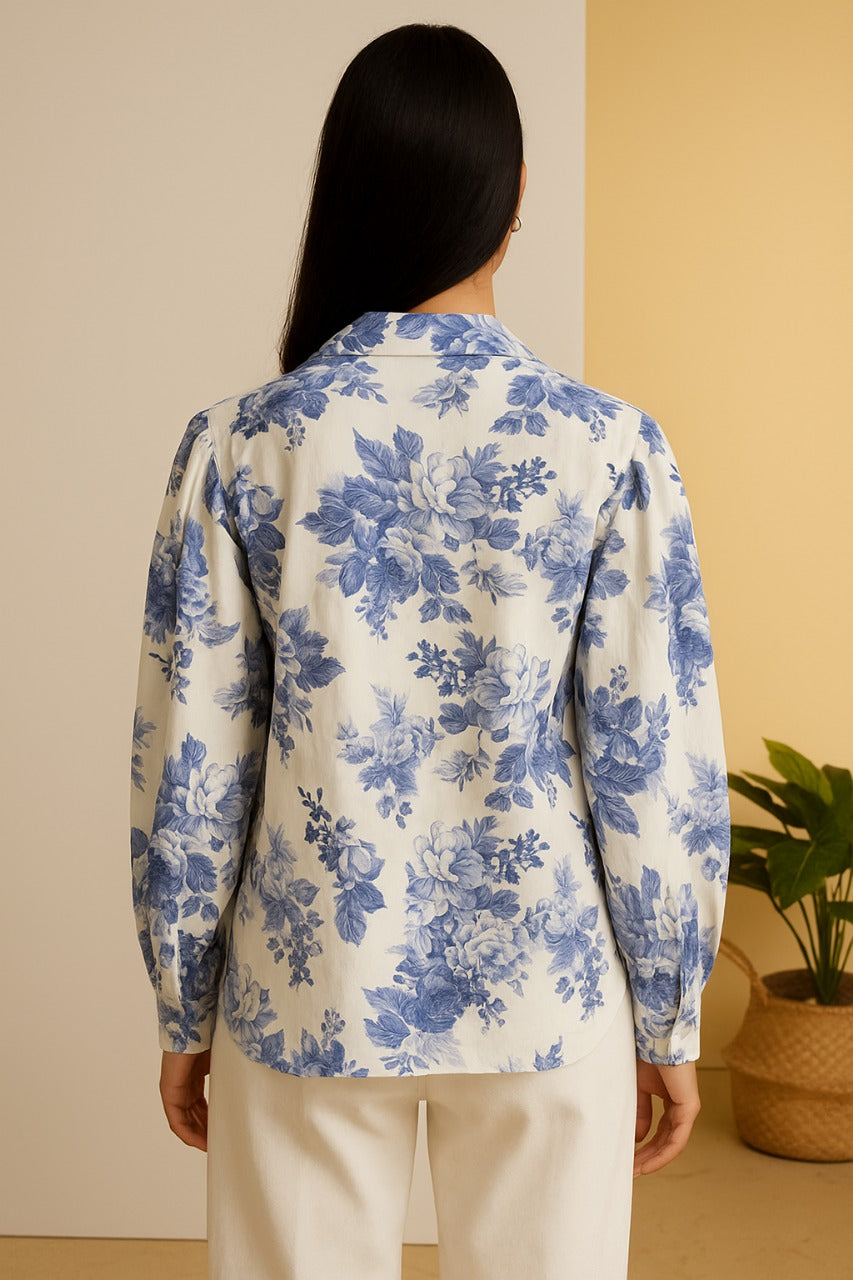 Women White Blue Floral Casual Shirt