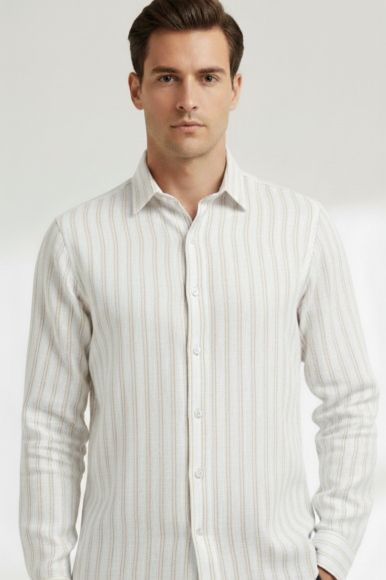 Men's White Pure Linen Shirt with Stripes
