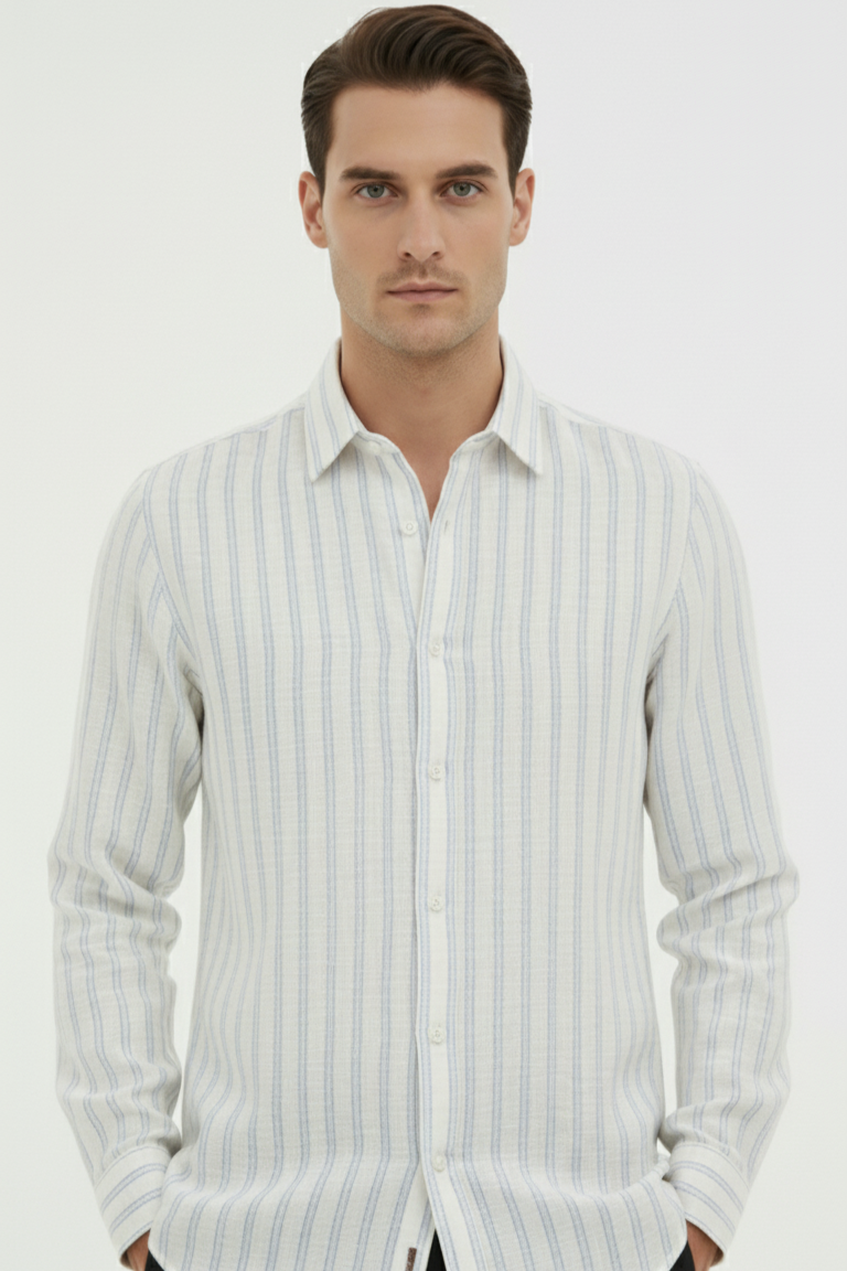 Men's White Pure Linen Shirt with Stripes
