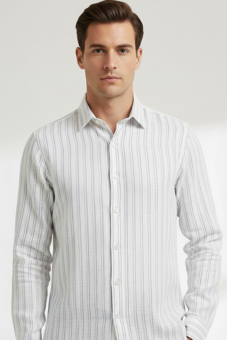 Men's White Pure Linen Shirt with Stripes