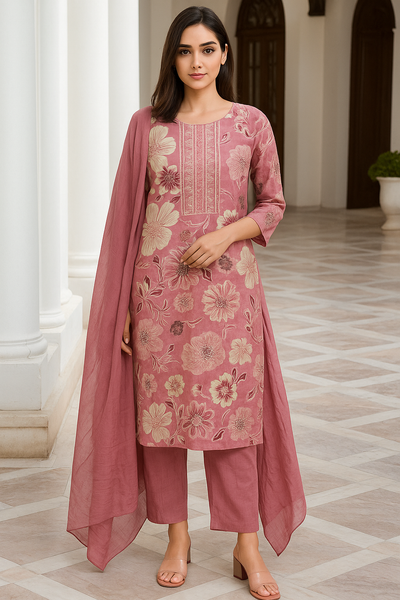 Dusty Rose Floral Printed Kurta Set with Solid Dupatta