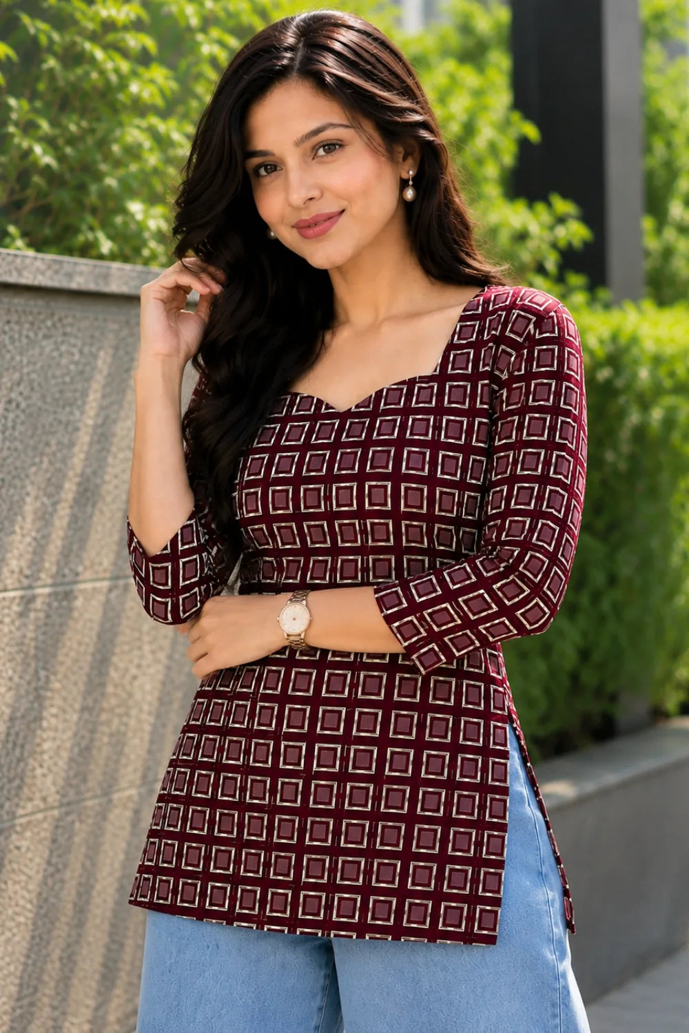 Women’s Maroon Checkered Cotton Kurti
