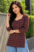 Women’s Maroon Checkered Cotton Kurti