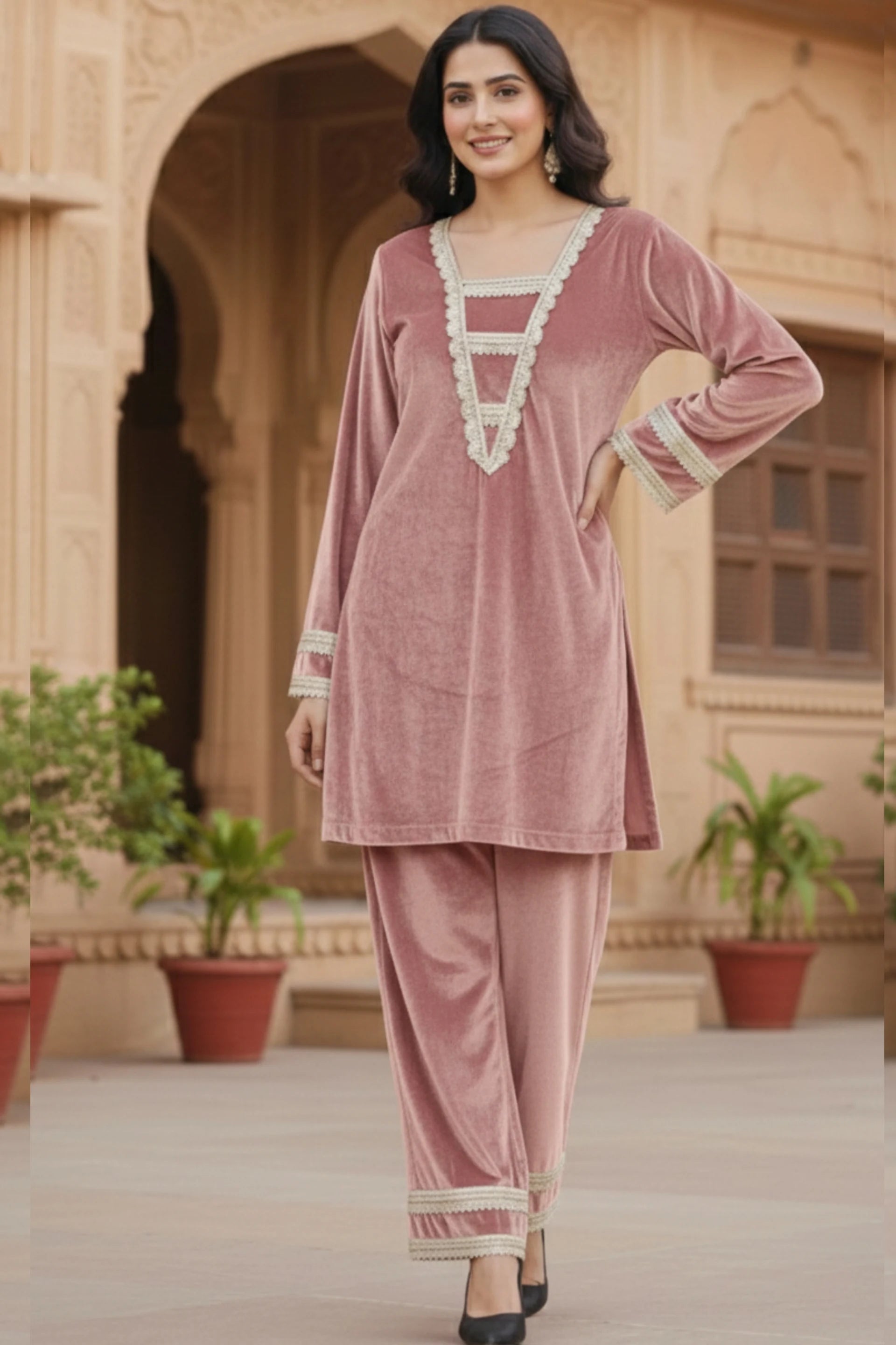 Women’s Velvet Kurta Palazzo Set with Lace Detailing