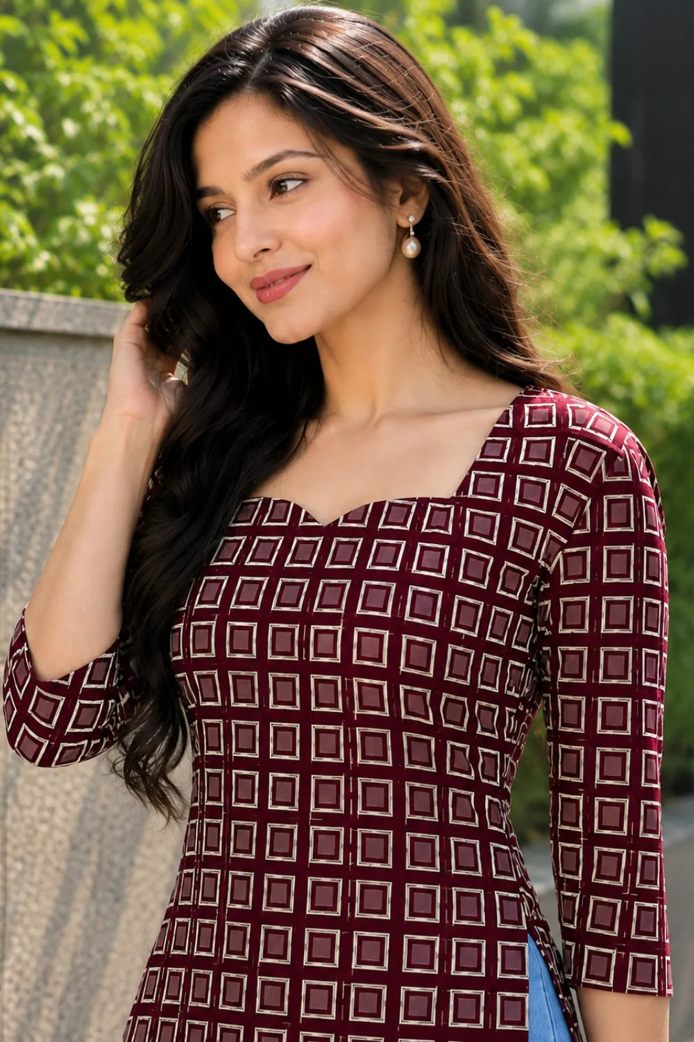 Women’s Maroon Checkered Cotton Kurti