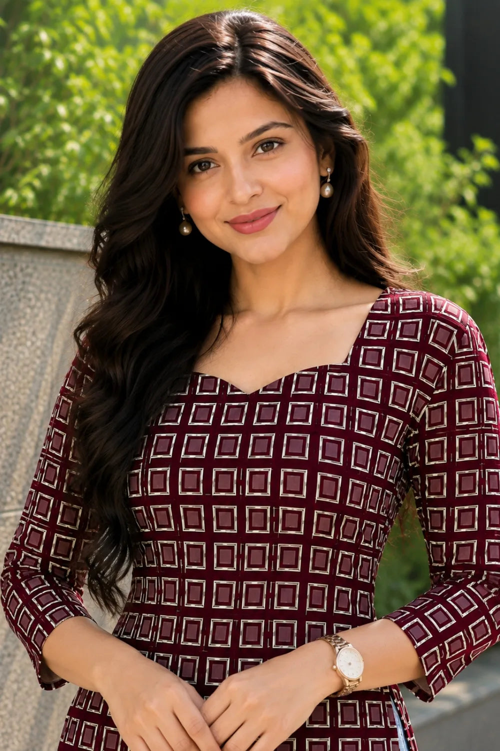 Women’s Maroon Checkered Cotton Kurti