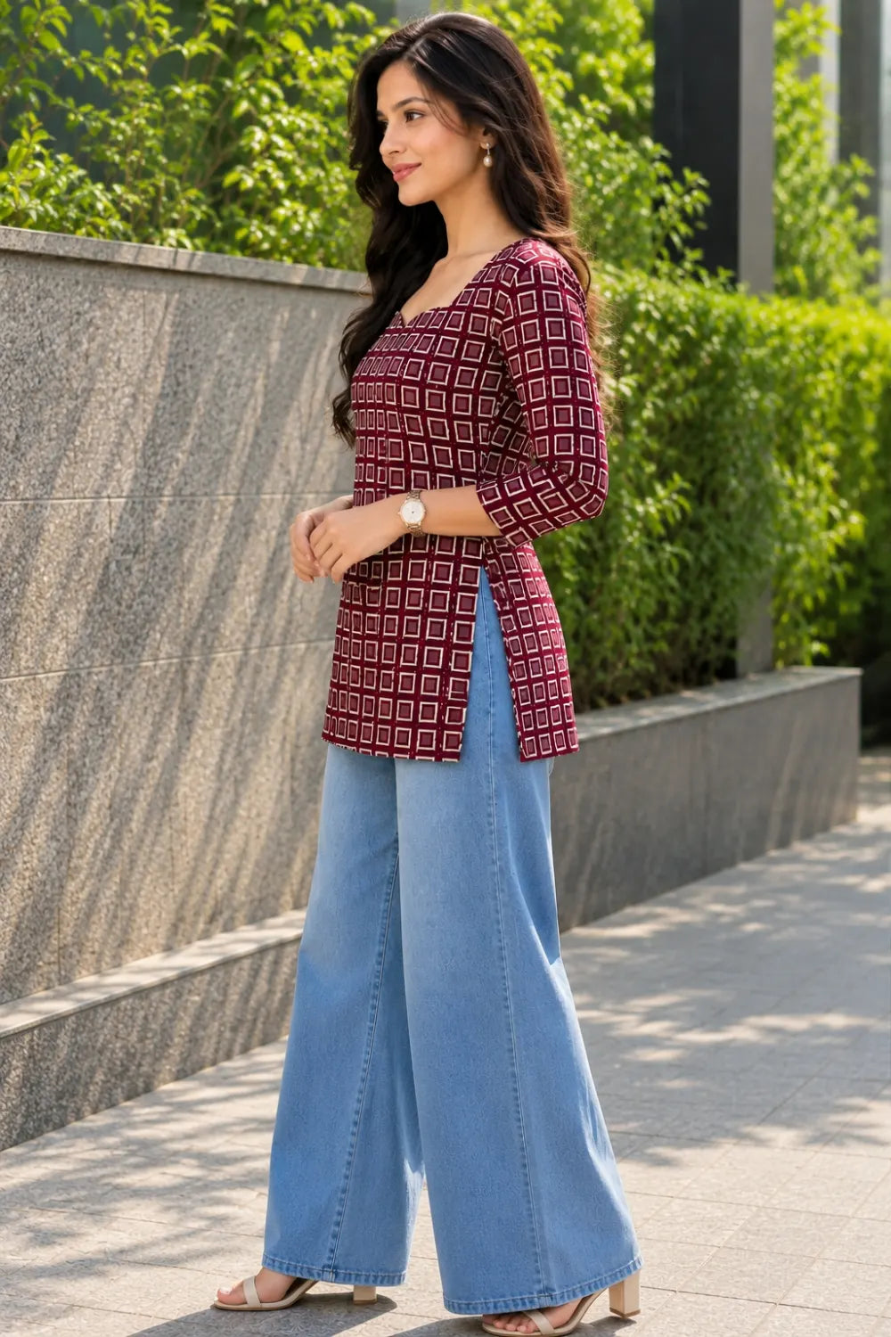 Women’s Maroon Checkered Cotton Kurti