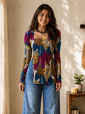 Multicolor Leaf Print Cotton Short Kurti