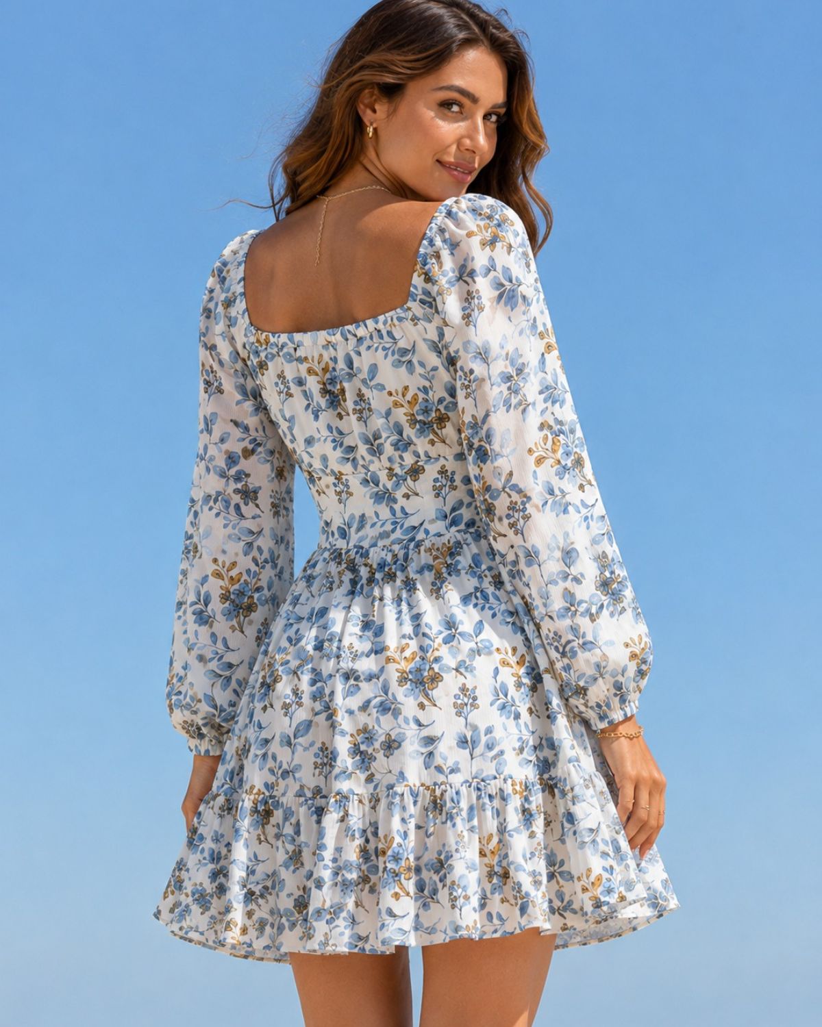 Women’s White & Blue Floral Mini Dress with Long Sleeves | Short Western One-Piece Dress