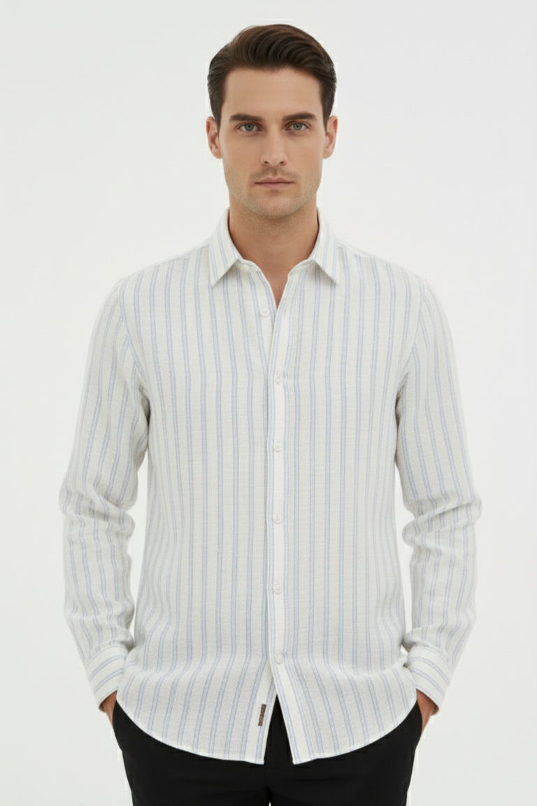 Men's White Pure Linen Shirt with Stripes