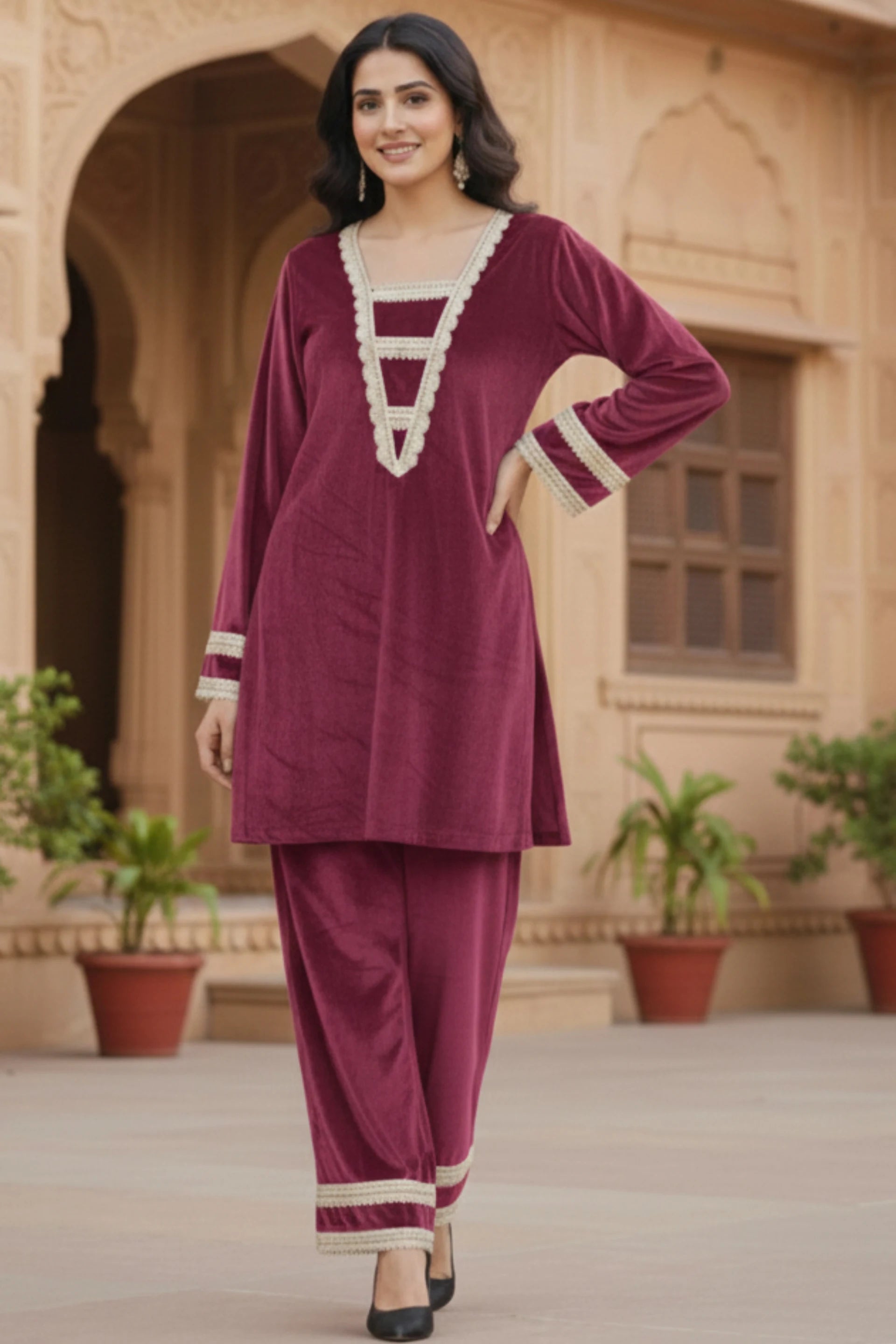 Women’s Velvet Kurta Palazzo Set with Lace Detailing