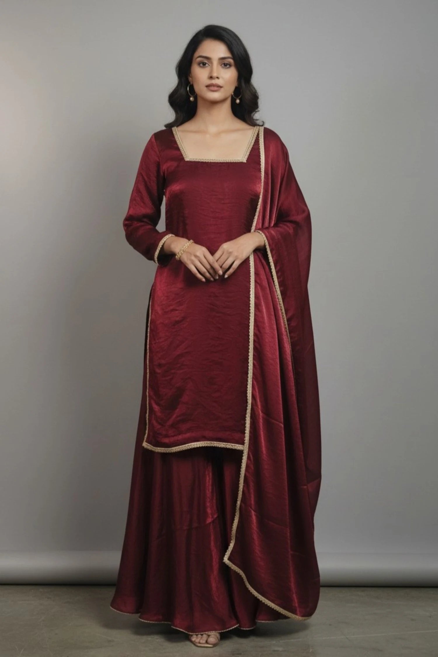 Women's Maroon Sandy Silk Sharara Set