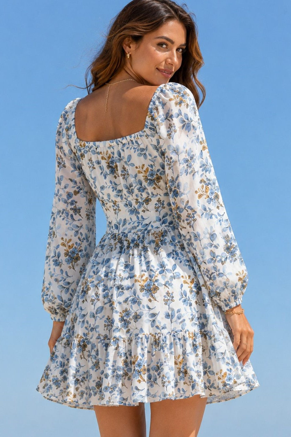 Women’s White & Blue Floral Mini Dress with Long Sleeves | Short Western One-Piece Dress