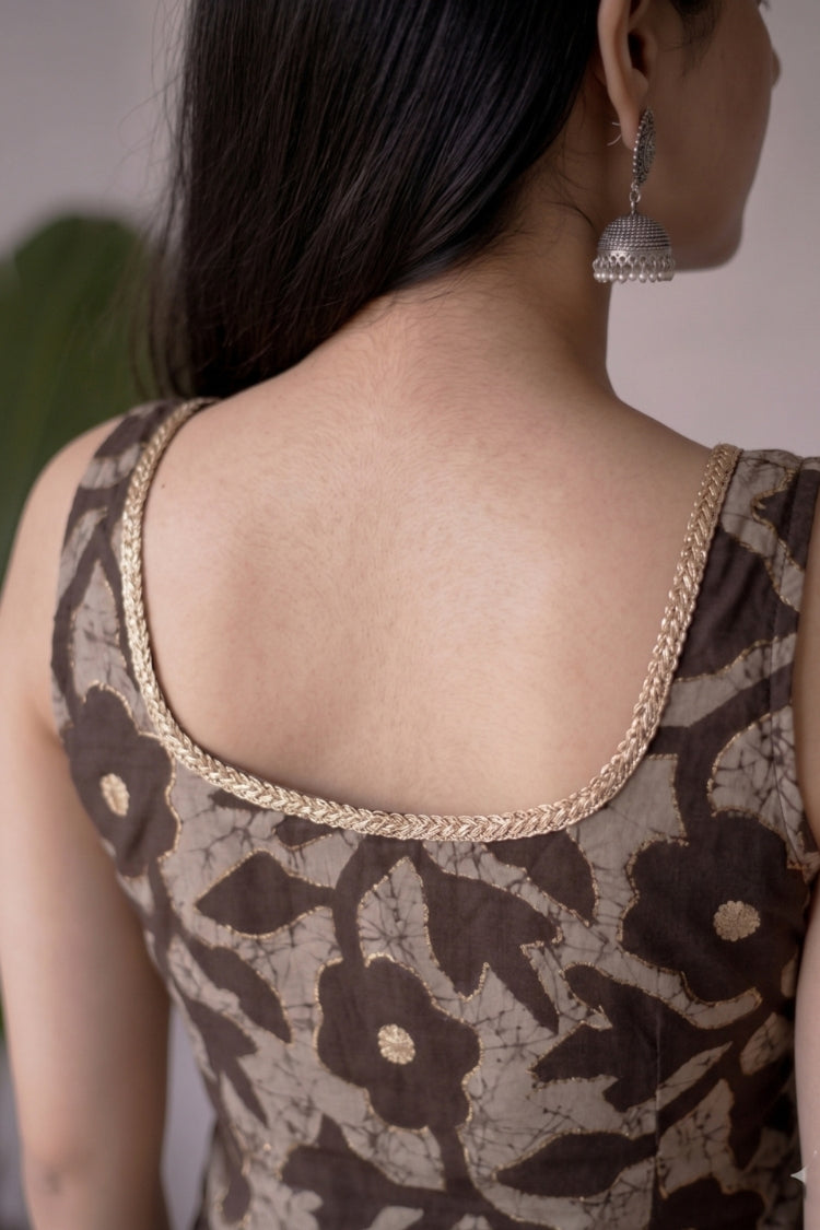 Brown Cotton Sleeveless Short Kurti with Gold Lace