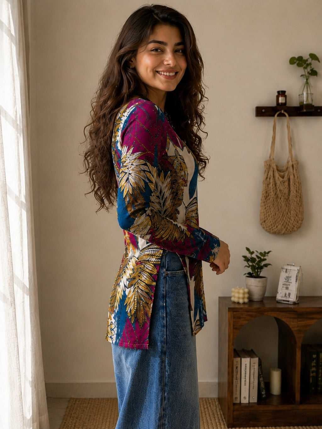Multicolor Leaf Print Cotton Short Kurti
