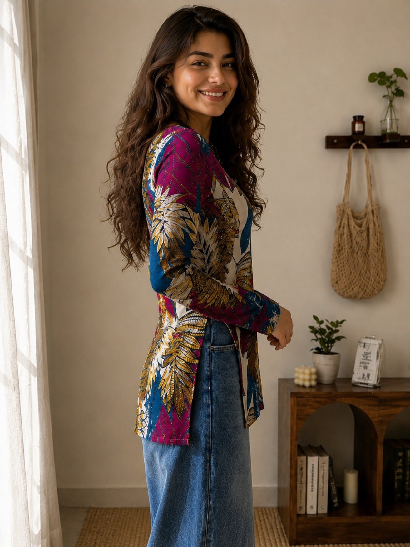 Multicolor Leaf Print Cotton Short Kurti