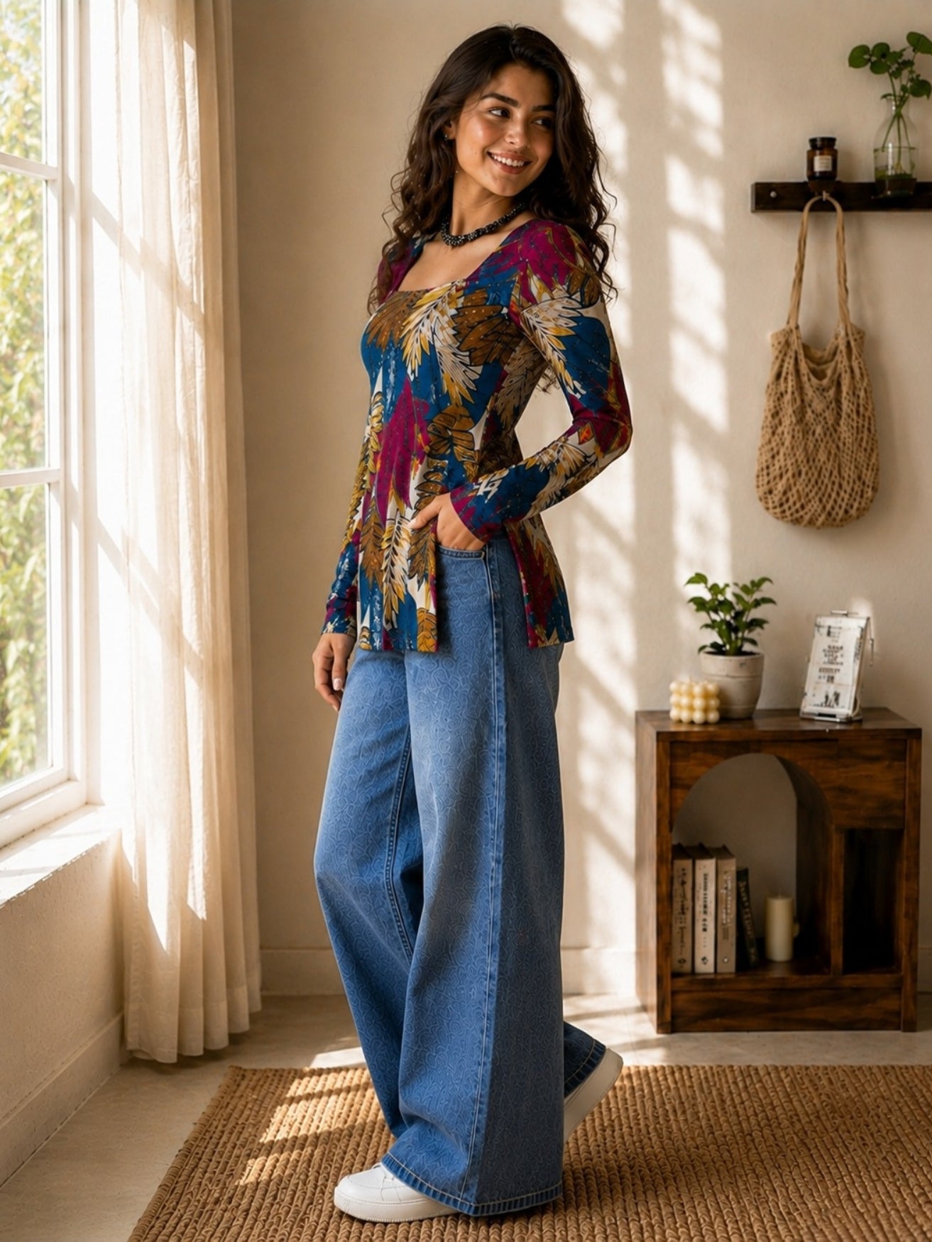 Multicolor Leaf Print Cotton Short Kurti