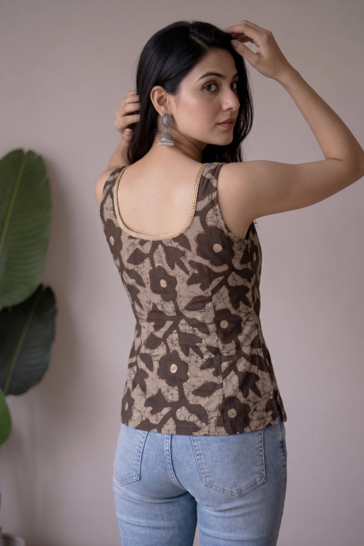 Brown Cotton Sleeveless Short Kurti with Gold Lace