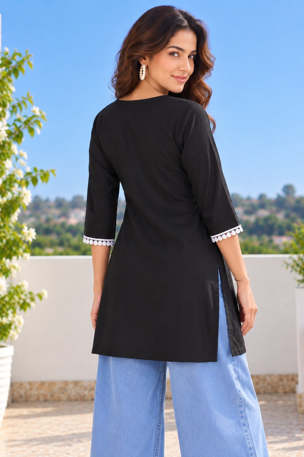 Black V-Neck Lace Kurti