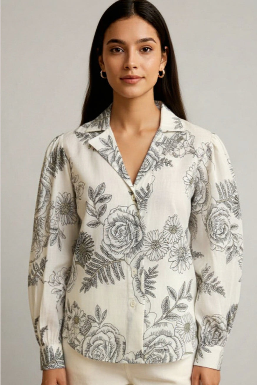 Women Off White Floral Shirt
