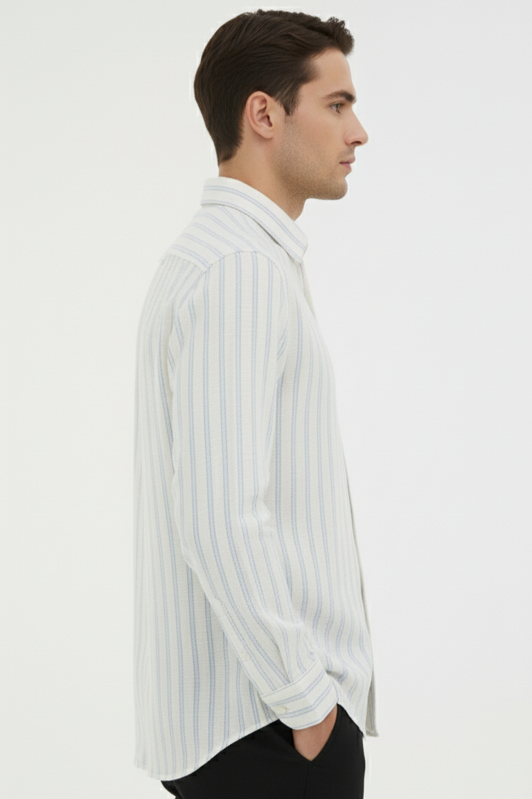 Men's White Pure Linen Shirt with Stripes