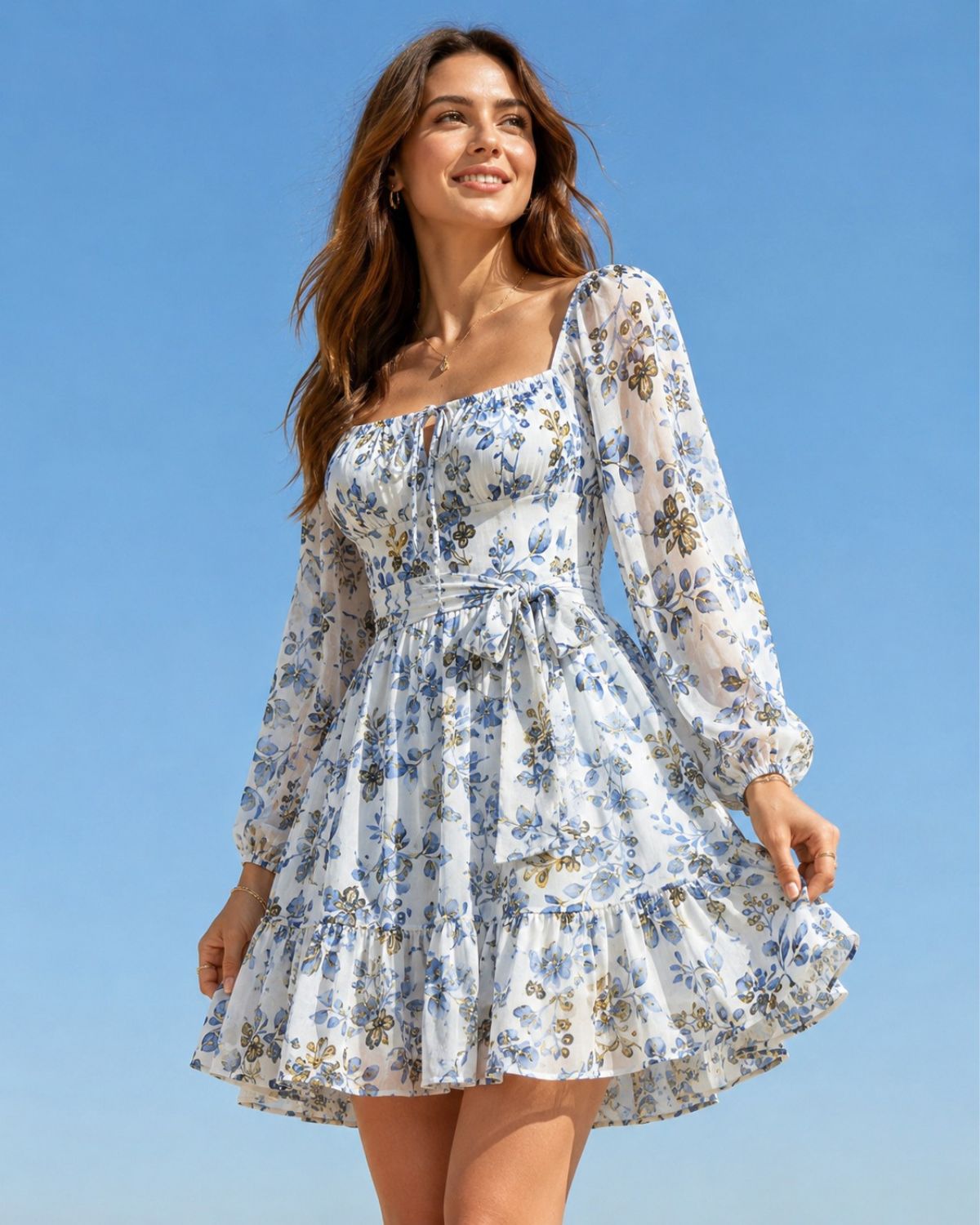 Women’s White & Blue Floral Mini Dress with Long Sleeves | Short Western One-Piece Dress