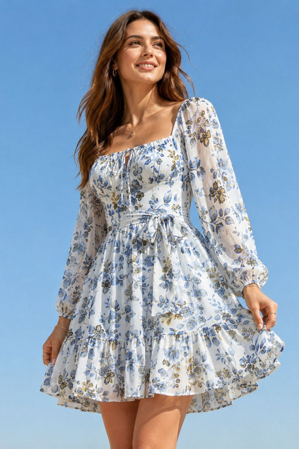 Women’s White & Blue Floral Mini Dress with Long Sleeves | Short Western One-Piece Dress