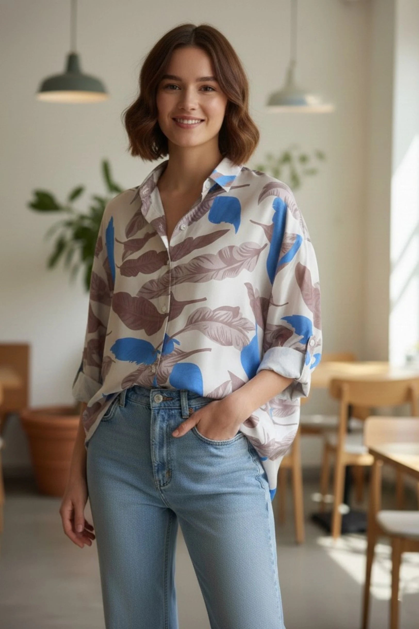 Women’s Cotton Abstract Print Oversized Shirt,