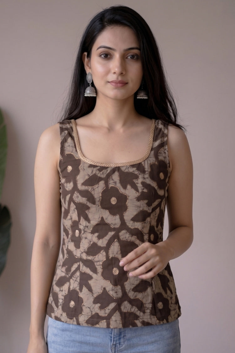 Brown Cotton Sleeveless Short Kurti with Gold Lace