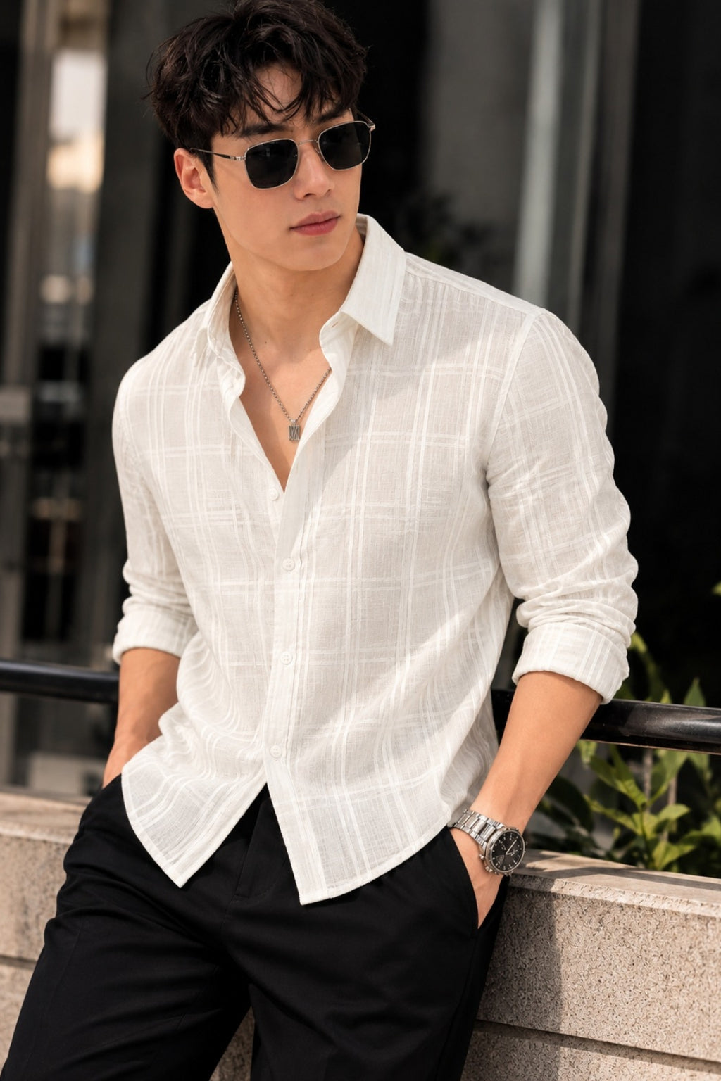 Men's White Cotton Check Shirt