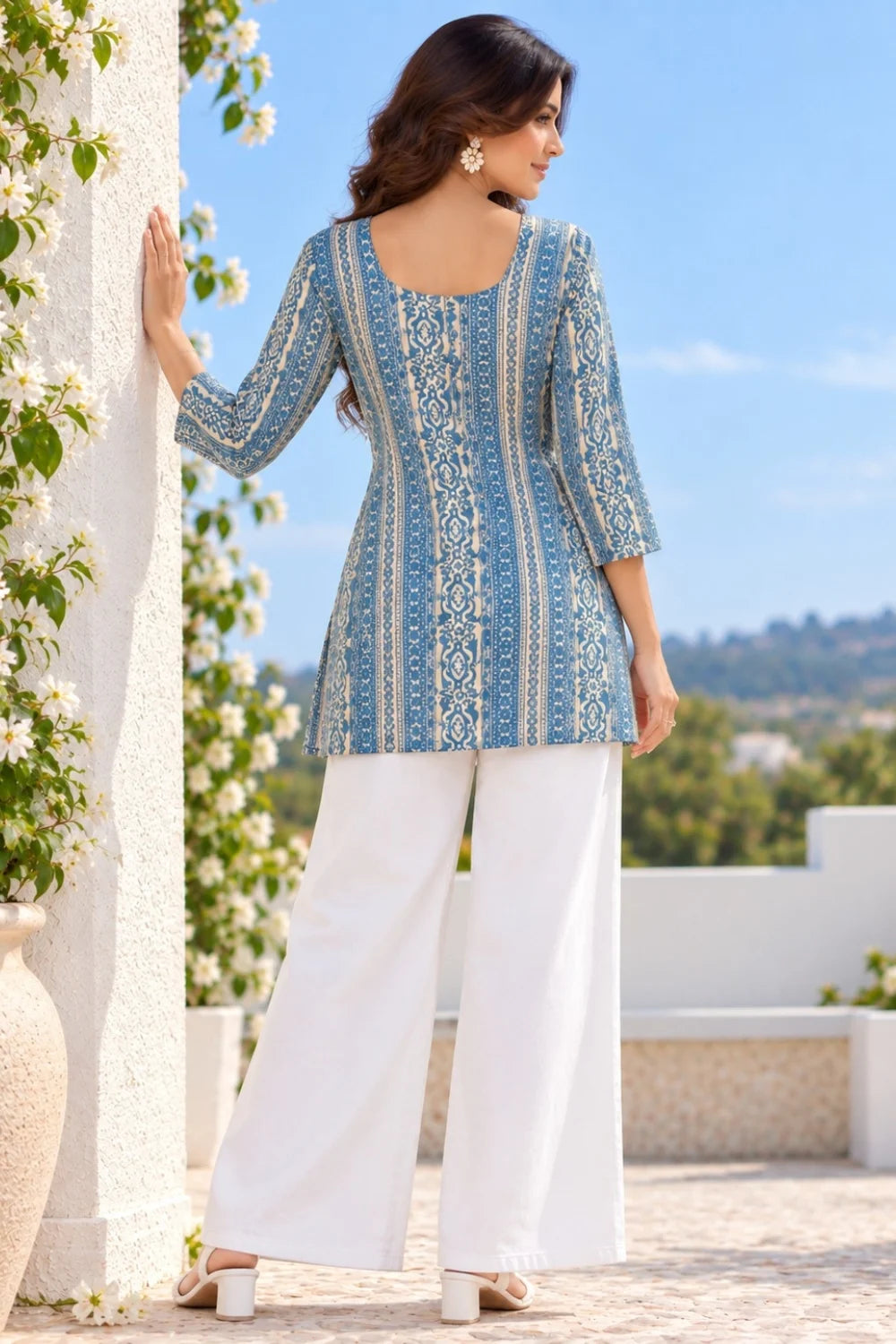Blue Jaipuri Mirror Work Cotton Short Kurti for Women