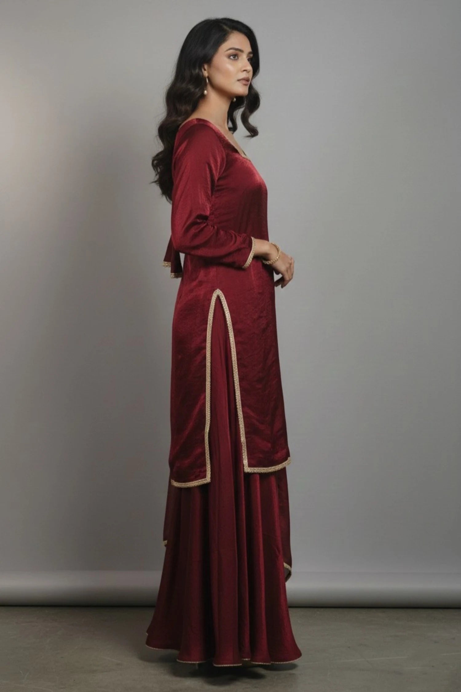 Women's Maroon Sandy Silk Sharara Set