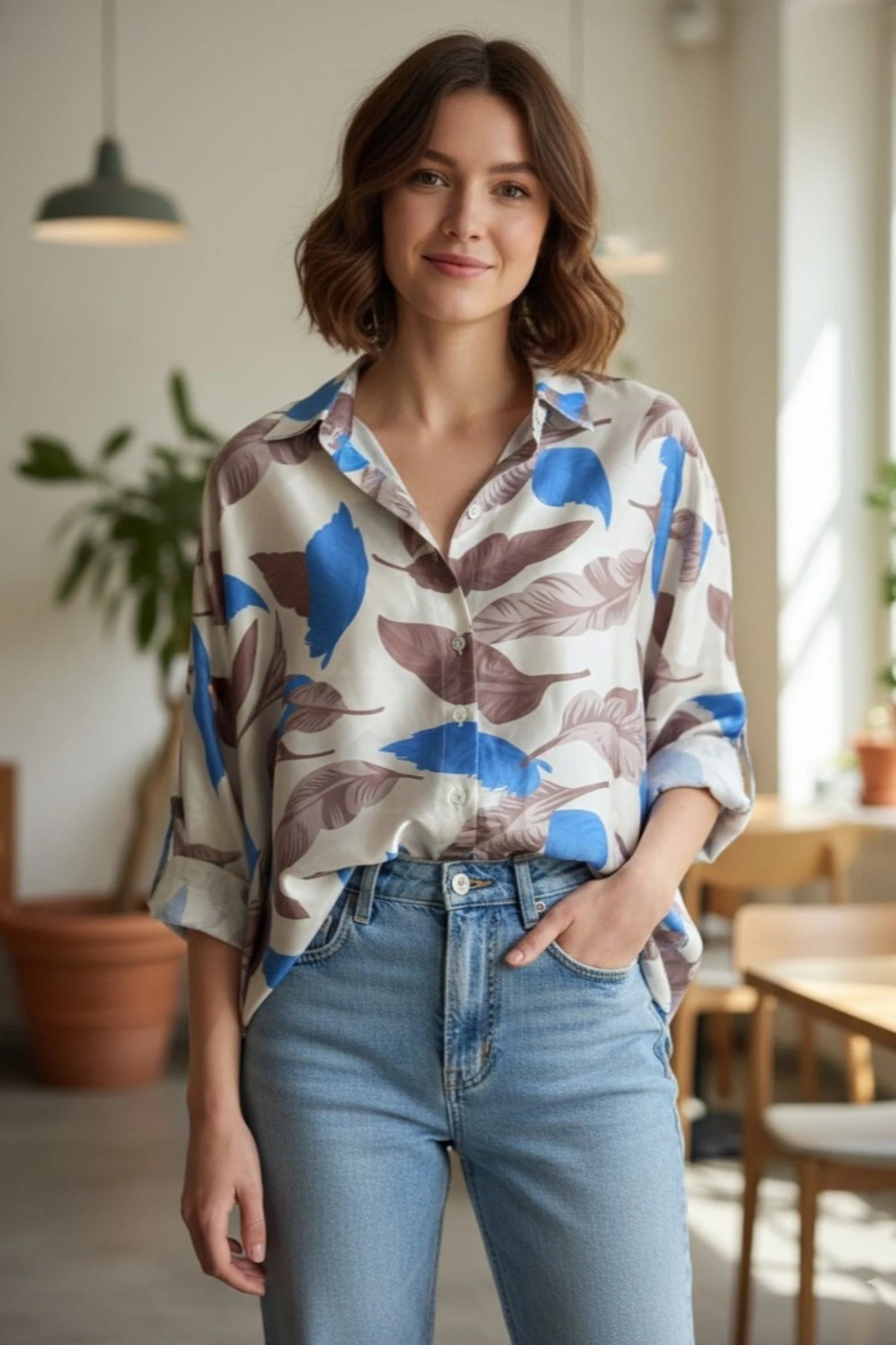 Women’s Cotton Abstract Print Oversized Shirt,