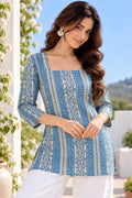 Blue Jaipuri Mirror Work Cotton Short Kurti for Women