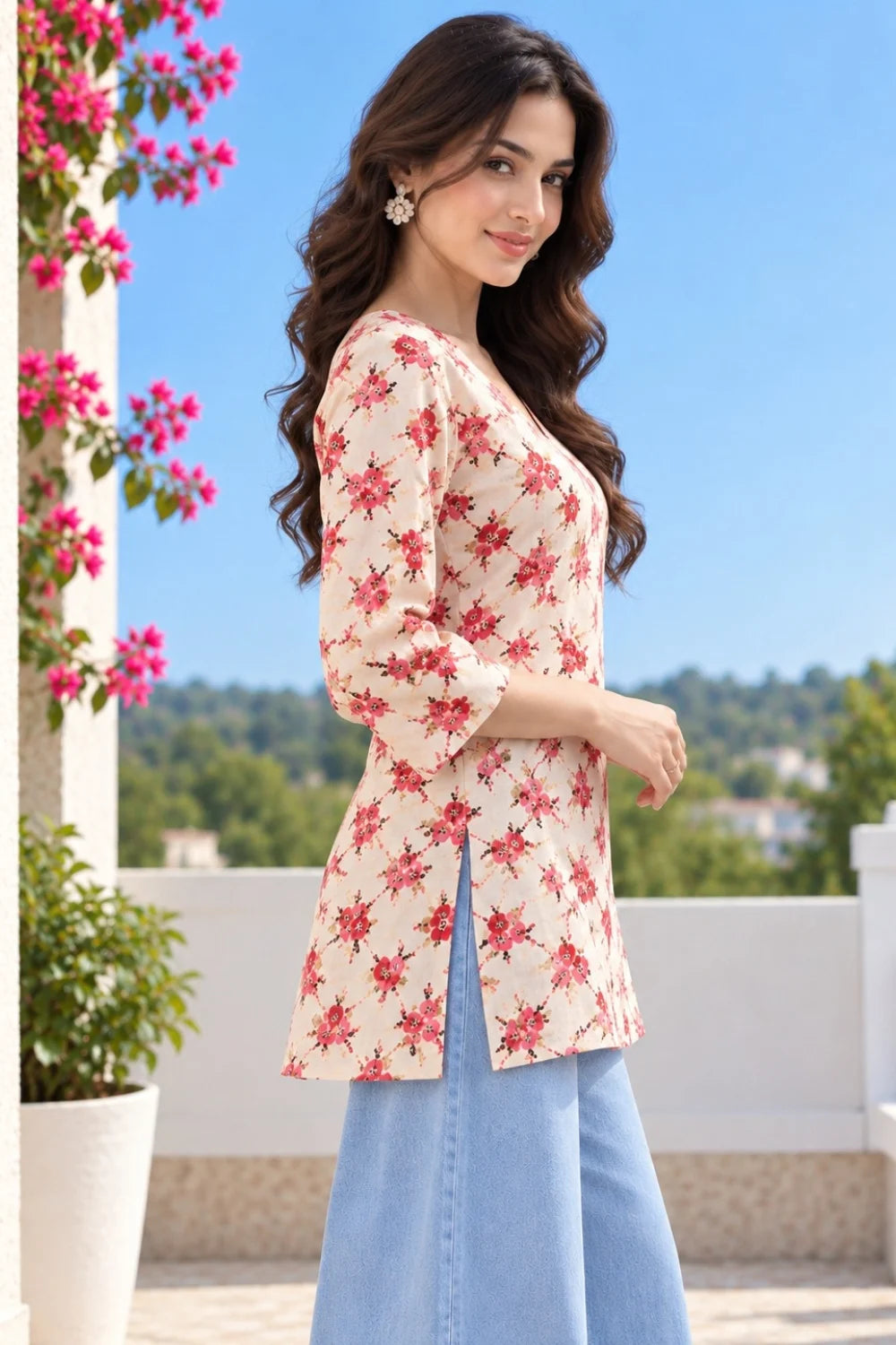 Floral Printed Cotton Short Kurti for Women