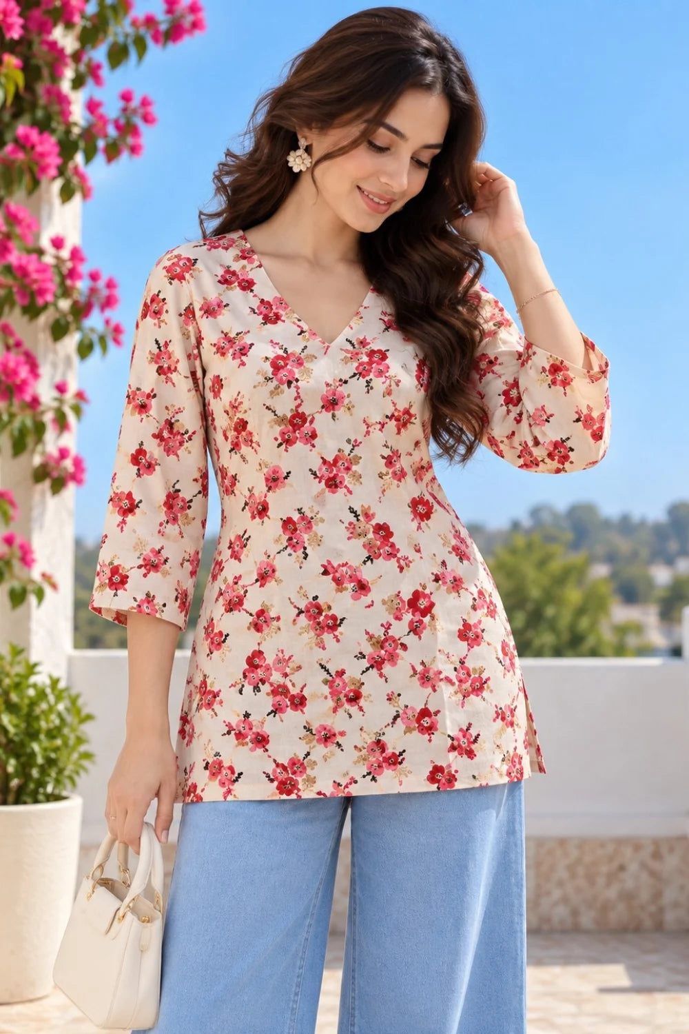 Floral Printed Cotton Short Kurti for Women