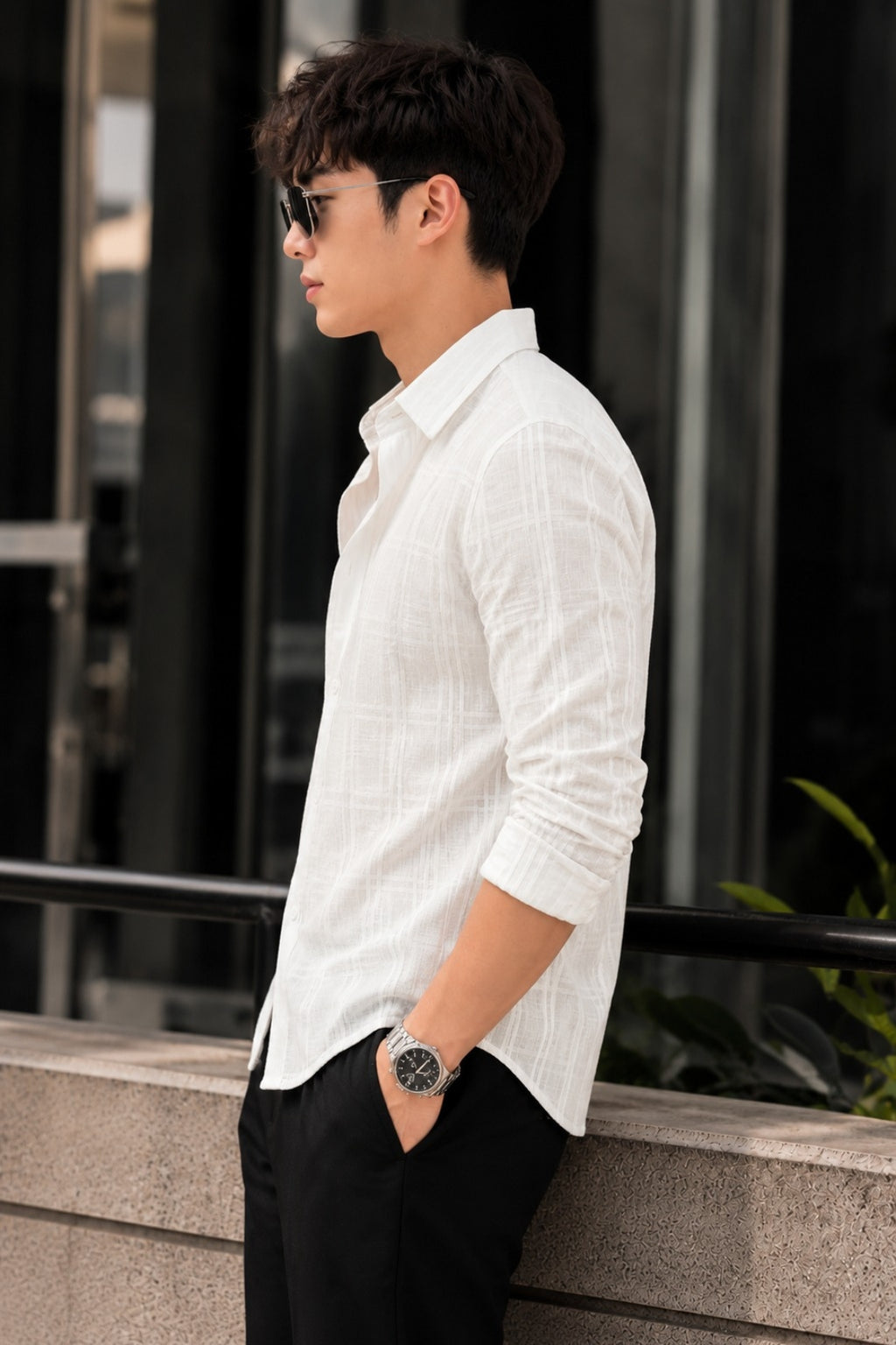 Men's White Cotton Check Shirt