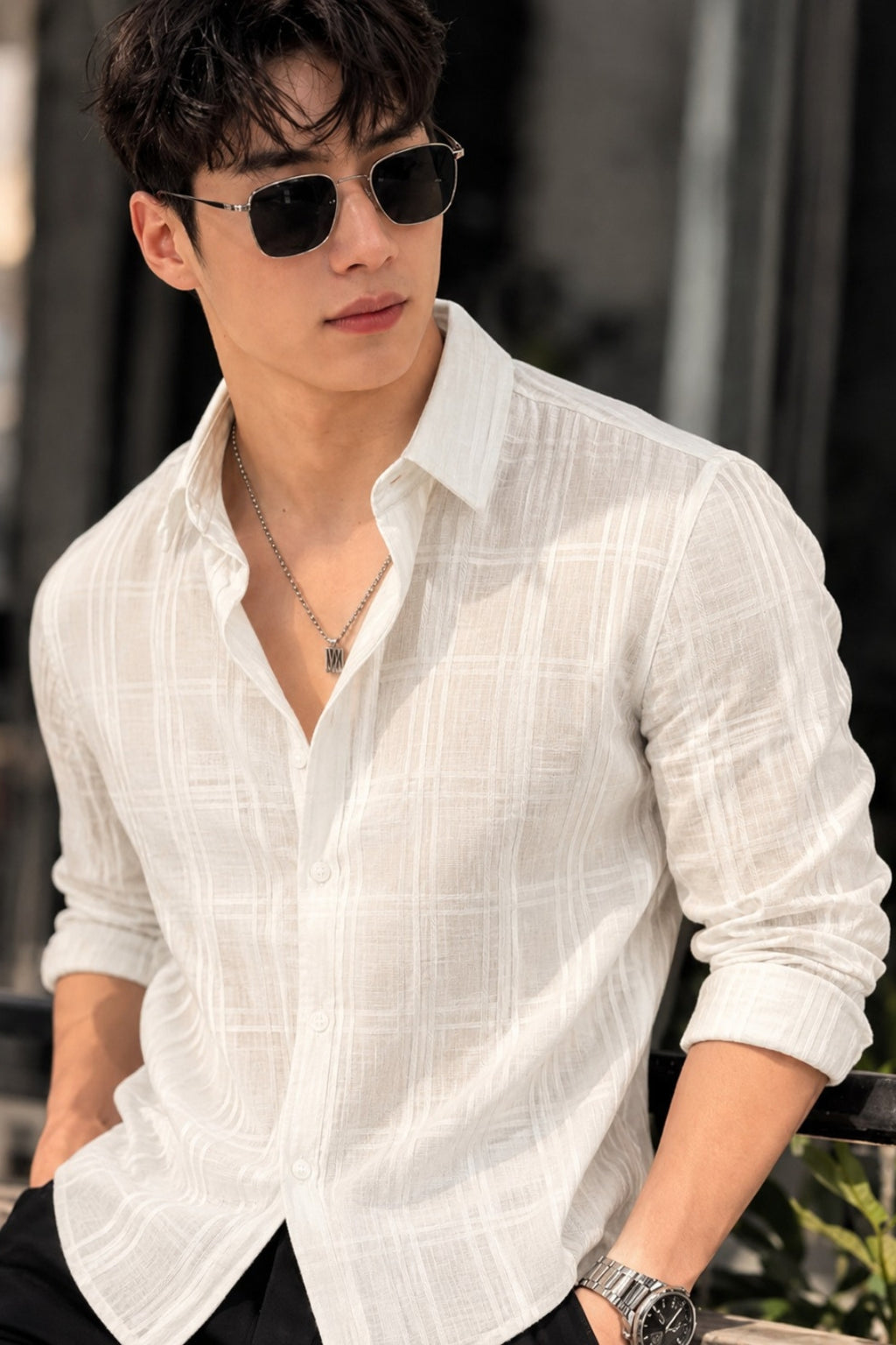 Men's White Cotton Check Shirt