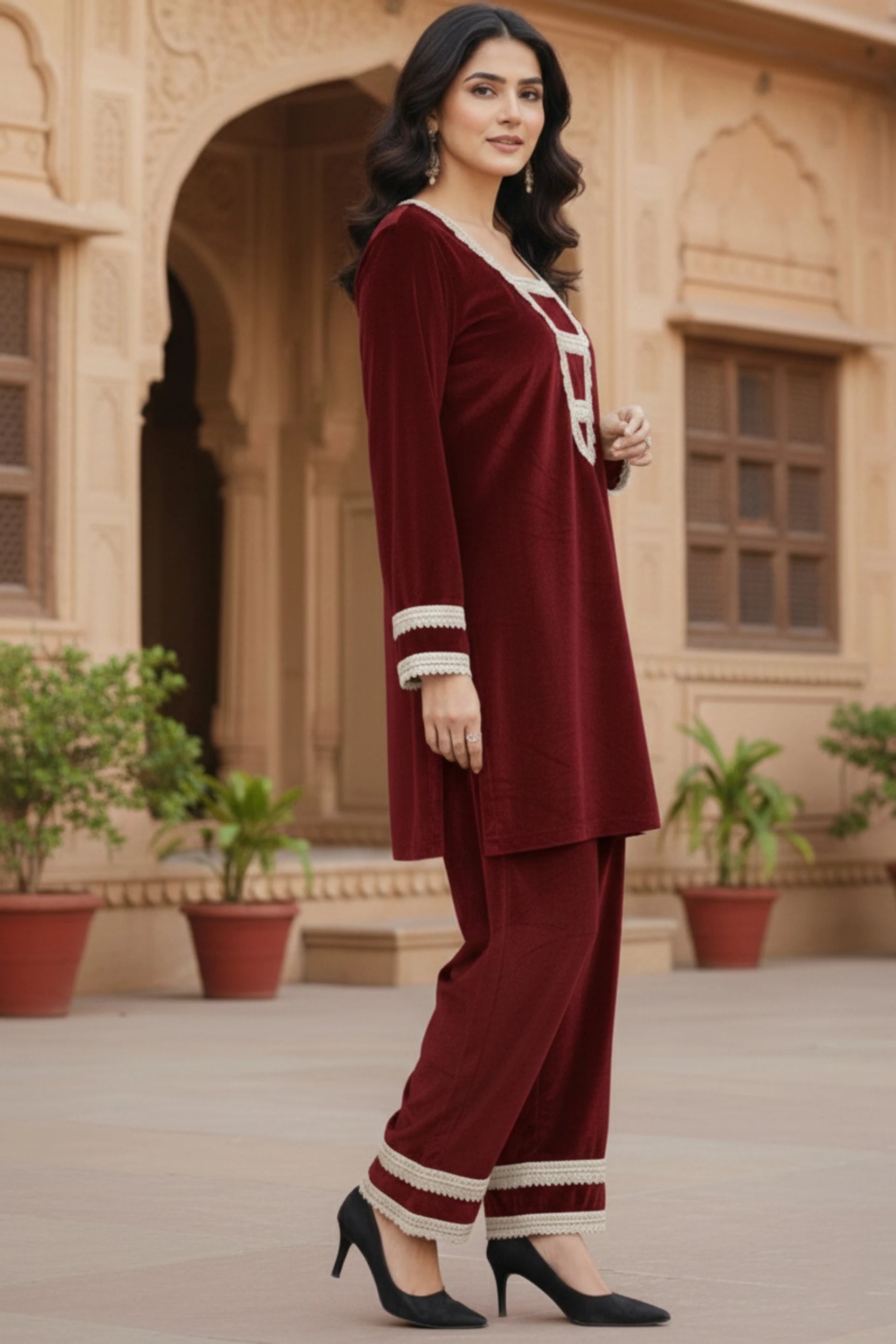 Women’s Velvet Kurta Palazzo Set with Lace Detailing