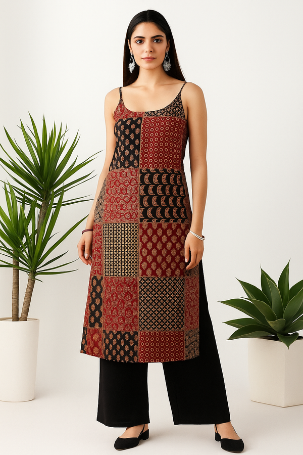 Jaipuri Patchwork Sleeveless Long Kurti for Women