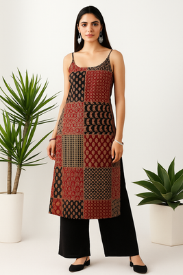 Jaipuri Patchwork Print Sleeveless Long Kurti