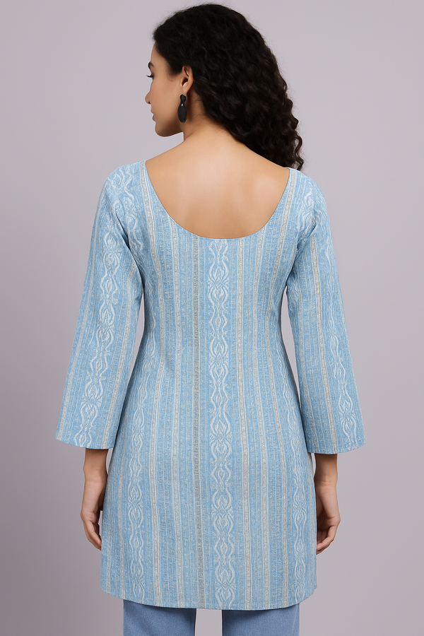 Blue Jaipuri Mirror Work Cotton Short Kurti for Women
