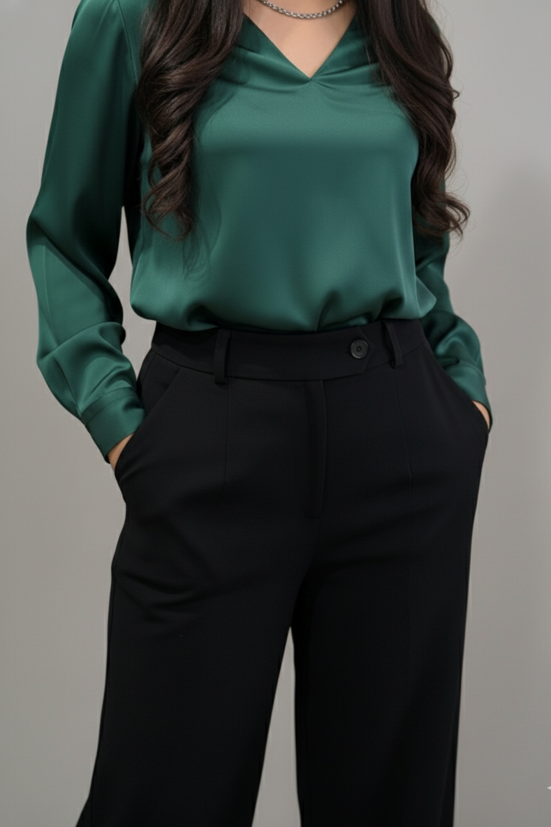 Black trouser for women with wide leg fit and high waist design. Stylish ladies black trousers, Korean style pants, loose trousers, and palazzo trousers for daily wear.